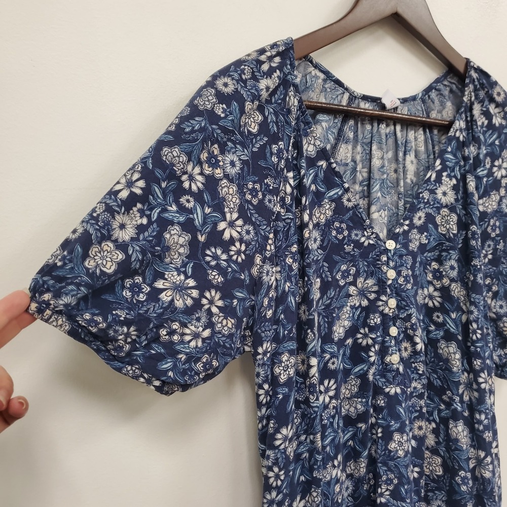 Old Navy Womens Blue Floral Tiered Boho Maxi Dress Size L Puff Sleeve Button - Picture 2 of 13